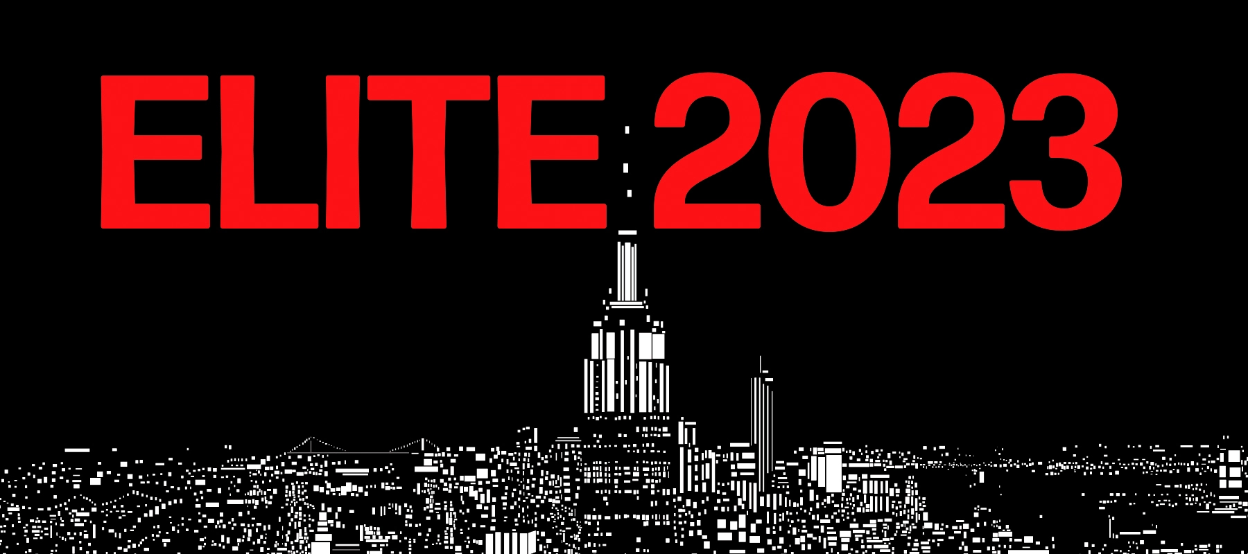 Bold red "ELITE 2023" letters on black background with silhouettes of buildings, including Empire State Building.
