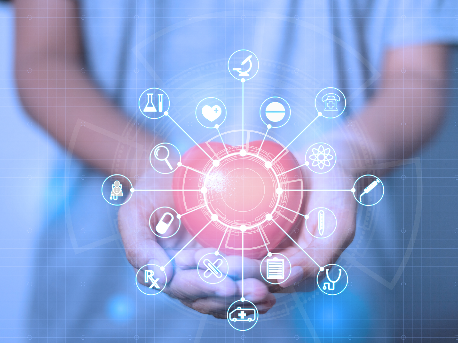 Doctor holding a red heart shape in hands with a medical,medicine,technology,science icon network connection modern virtual line and dots screen interface.