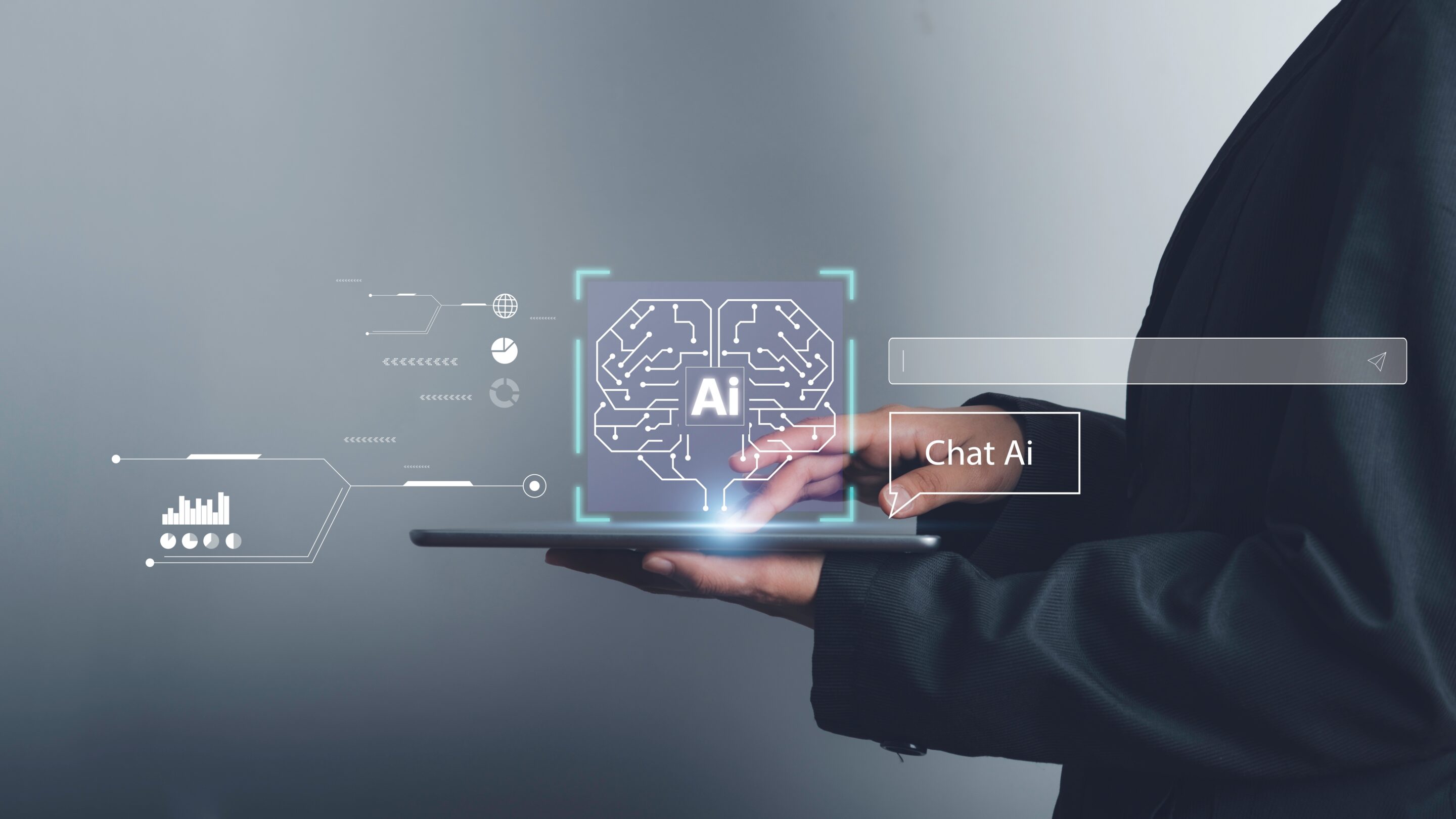 Chat with Ai or Artificial Intelligence tech concept. Businessman show virtual AI brain smart technology deep learning Neural networks to understand, respond to user inputs future technology.