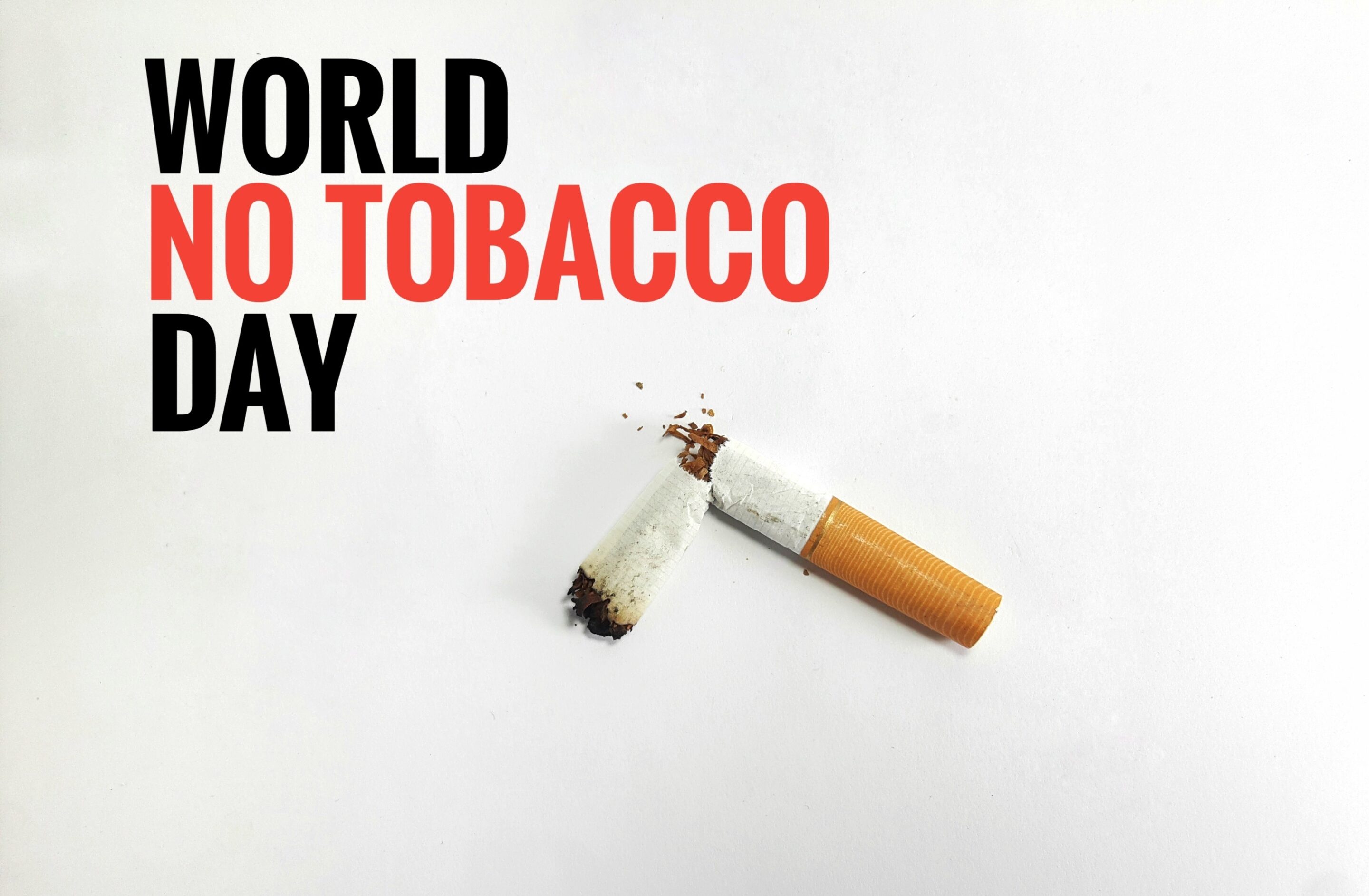 Bold text that reads World No Tabacco Day, with No Tabacco in bright red. Beside it is a broken cigarette.